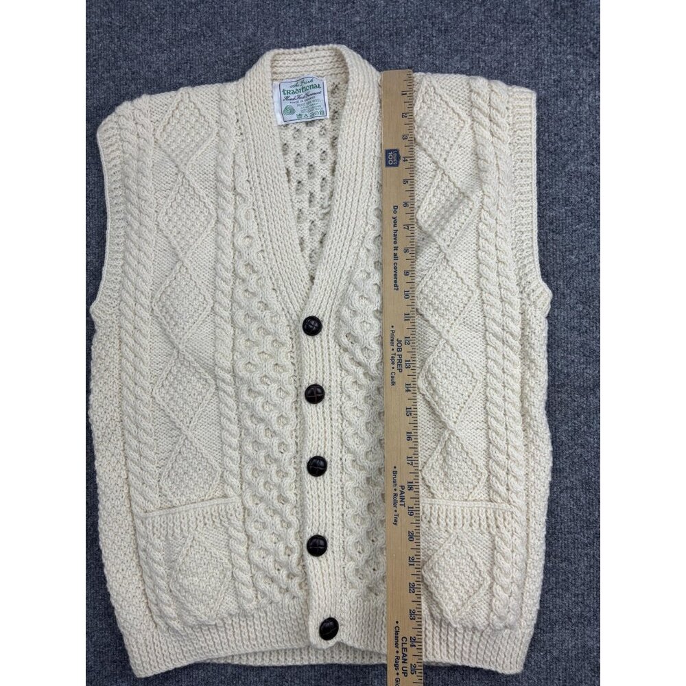 Irish Traditional Sweater Vest Mens Medium White Wool Cable Aran Knit Pockets - Picture 4 of 6